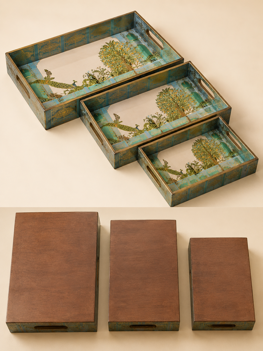 Handpainted Mina Art Wooden Serving Tray Set of 3 Peacock & Tree Design Waterproof Nested Trays Home Decor Gift