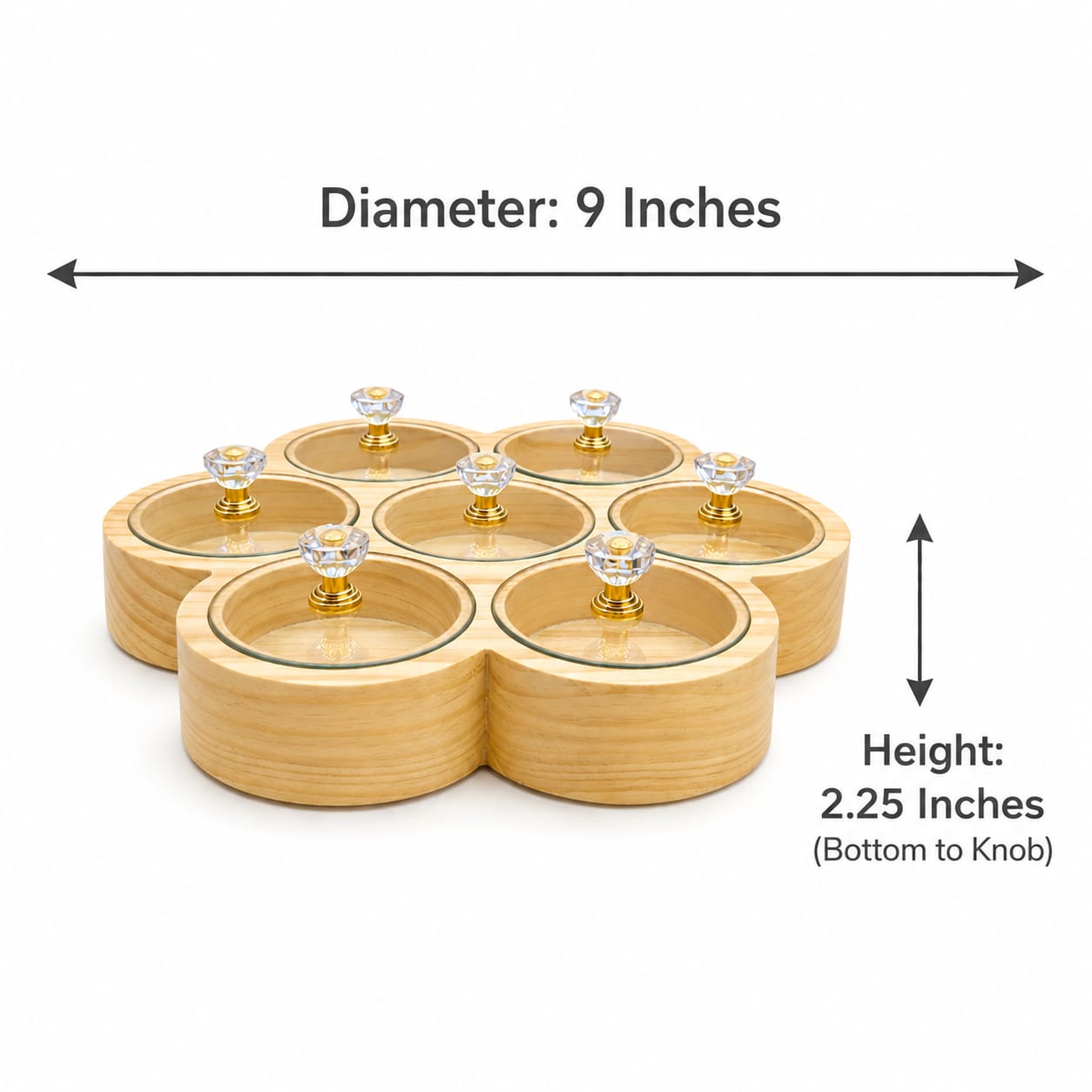 Handcrafted Wooden Dry Fruit Box 7 Compartment Flower Shape with Individual Acrylic Lids and Crystal Knobs