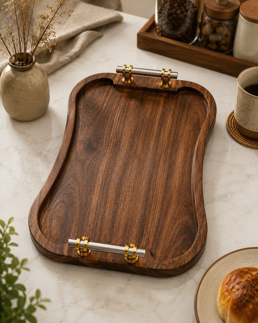 Royal Curve Acacia Wood Serving Tray with Metal Handles – 14x9 Inch Premium Wooden Platter