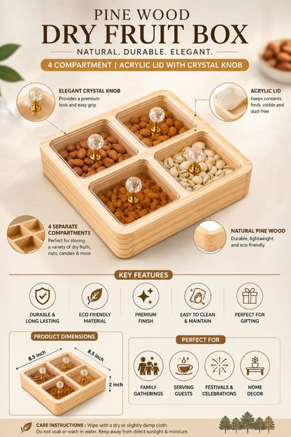 Wooden 4 Compartment Spice & Dry Fruit Box with Acrylic Lid | Crystal Knob Handle Kitchen Storage Organizer Box | Al Qaswa