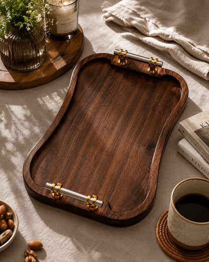 Royal Curve Acacia Wood Serving Tray with Metal Handles – 14x9 Inch Premium Wooden Platter