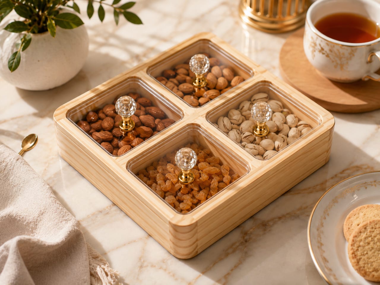 Wooden 4 Compartment Spice & Dry Fruit Box with Acrylic Lid | Crystal Knob Handle Kitchen Storage Organizer Box | Al Qaswa