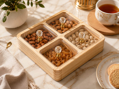 Wooden 4 Compartment Spice & Dry Fruit Box with Acrylic Lid | Crystal Knob Handle Kitchen Storage Organizer Box | Al Qaswa