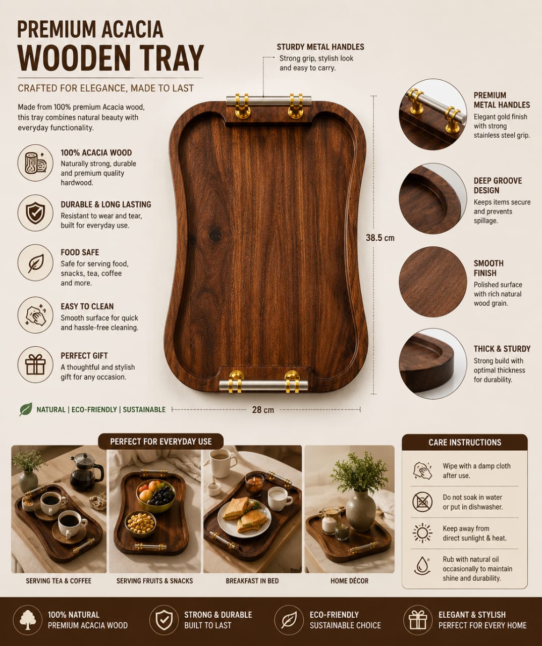 Royal Curve Acacia Wood Serving Tray with Metal Handles – 14x9 Inch Premium Wooden Platter