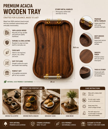 Royal Curve Acacia Wood Serving Tray with Metal Handles – 14x9 Inch Premium Wooden Platter