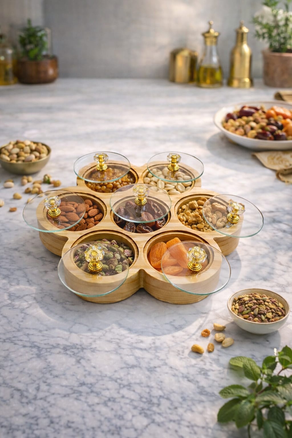 Handcrafted Wooden Dry Fruit Box 7 Compartment Flower Shape with Individual Acrylic Lids and Crystal Knobs