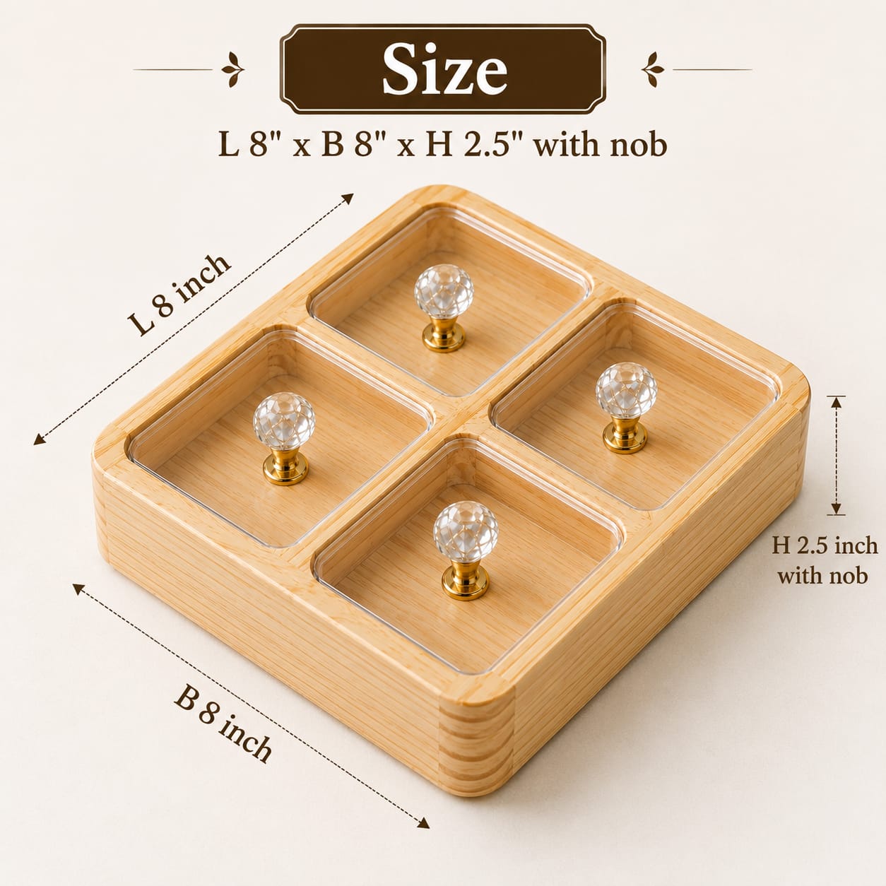 Wooden 4 Compartment Spice & Dry Fruit Box with Acrylic Lid | Crystal Knob Handle Kitchen Storage Organizer Box | Al Qaswa
