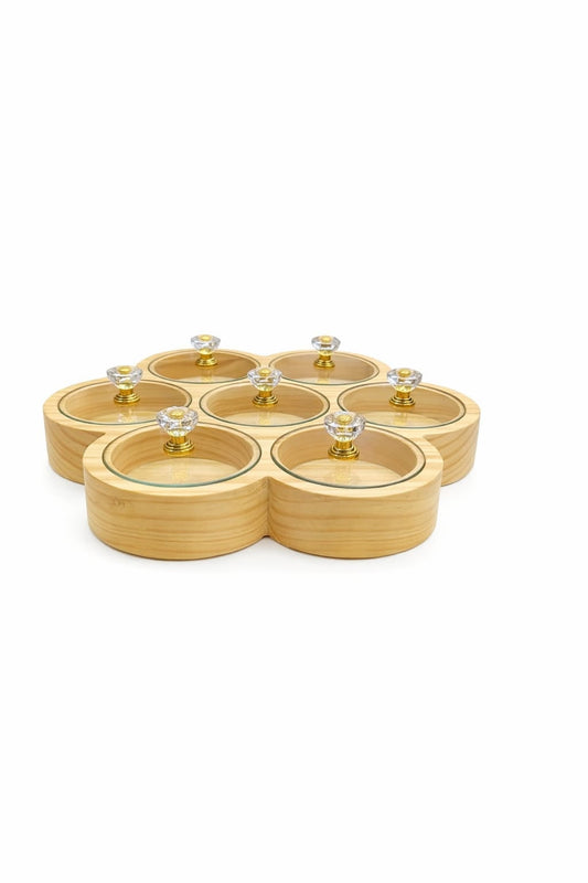 Handcrafted Wooden Dry Fruit Box 7 Compartment Flower Shape with Individual Acrylic Lids and Crystal Knobs