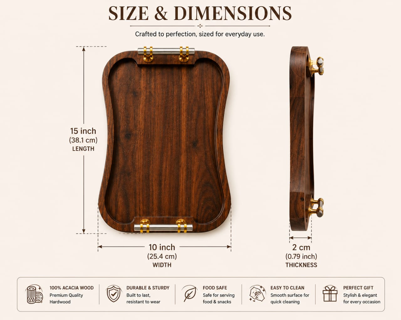 Royal Curve Acacia Wood Serving Tray with Metal Handles – 14x9 Inch Premium Wooden Platter
