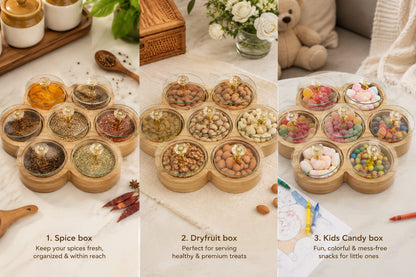 Handcrafted Wooden Dry Fruit Box 7 Compartment Flower Shape with Individual Acrylic Lids and Crystal Knobs