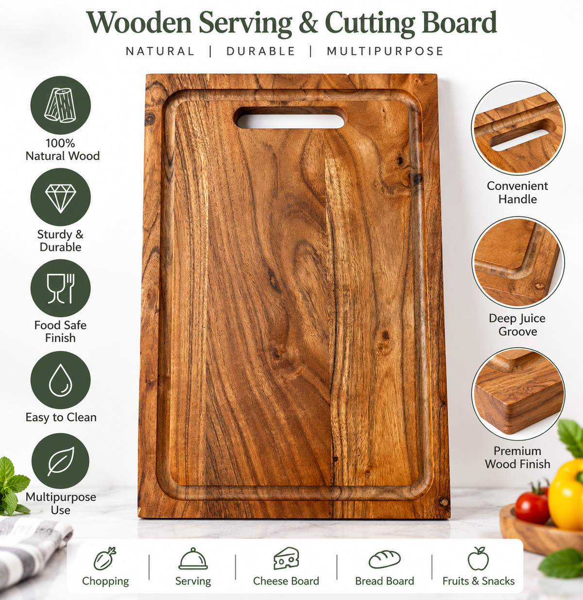 Premium Wooden Cutting & Chopping Board | Multipurpose Serving, Cheese & Bread Board