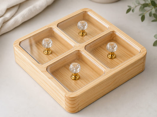 Wooden 4 Compartment Spice & Dry Fruit Box with Acrylic Lid | Crystal Knob Handle Kitchen Storage Organizer Box | Al Qaswa