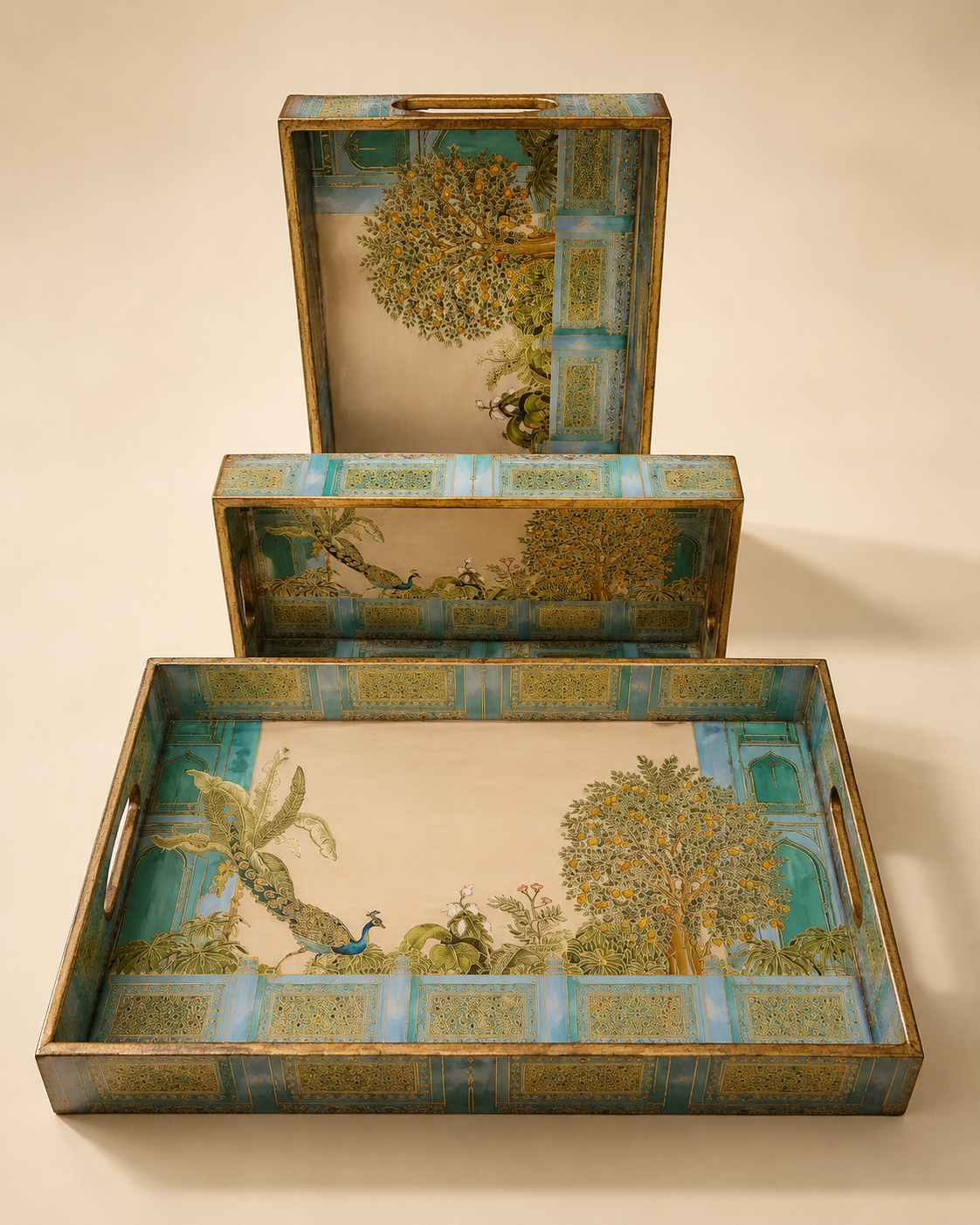 Handpainted Mina Art Wooden Serving Tray Set of 3  Peacock & Tree Design  Waterproof Nested Trays  Home Decor Gift