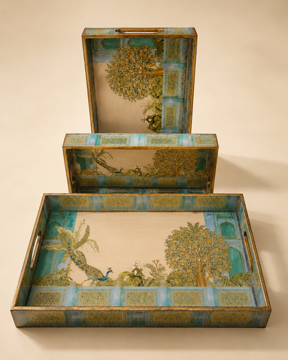 Handpainted Mina Art Wooden Serving Tray Set of 3  Peacock & Tree Design  Waterproof Nested Trays  Home Decor Gift