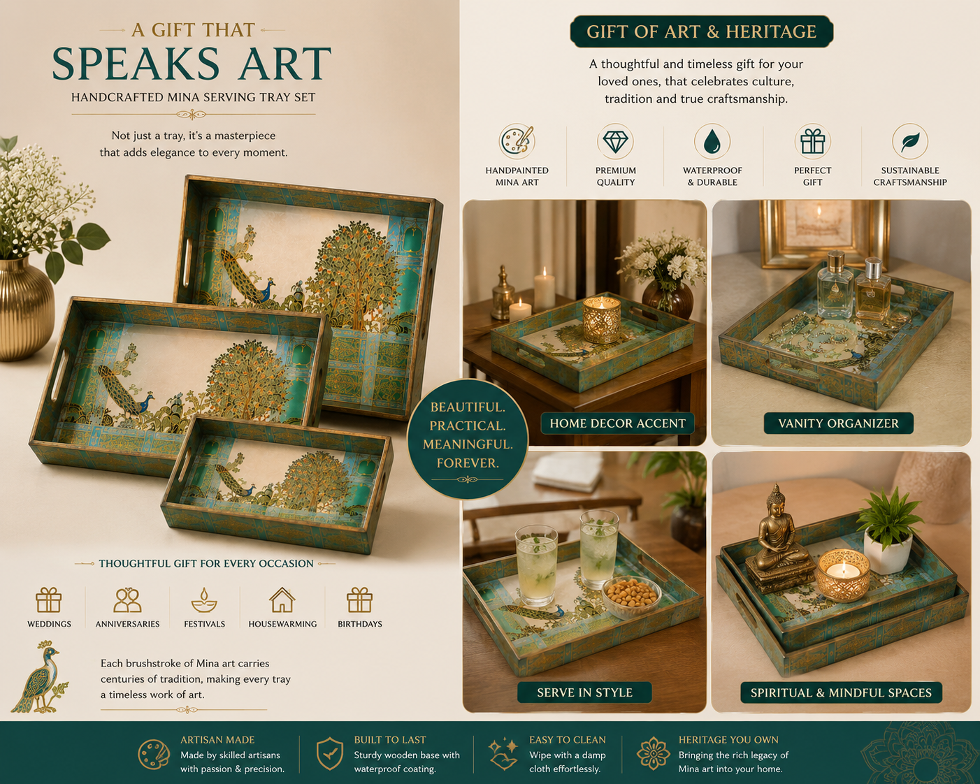 Handpainted Mina Art Wooden Serving Tray Set of 3  Peacock & Tree Design  Waterproof Nested Trays  Home Decor Gift
