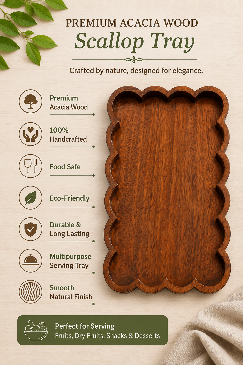 Premium Acacia Wood Scallop Tray – Handcrafted Wooden Serving Tray for Fruits, Dry Fruits & Snacks