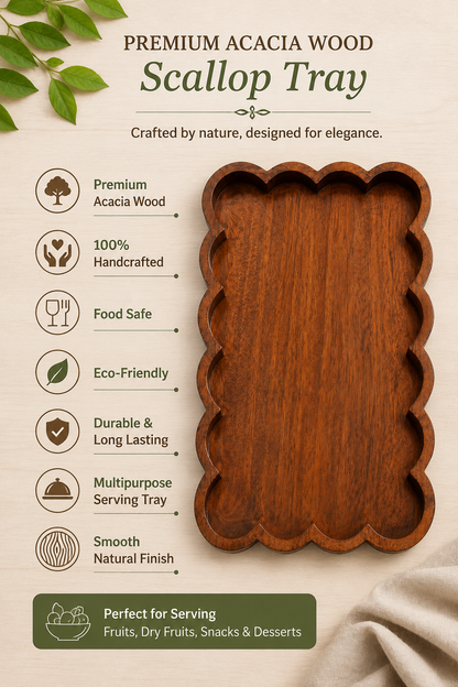 Premium Acacia Wood Scallop Tray – Handcrafted Wooden Serving Tray for Fruits, Dry Fruits & Snacks