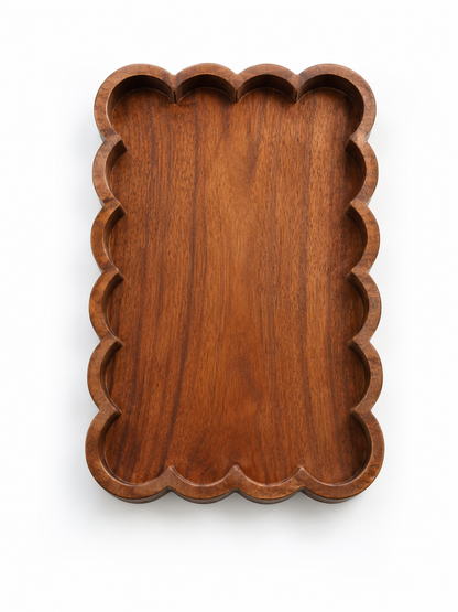 Premium Acacia Wood Scallop Tray – Handcrafted Wooden Serving Tray for Fruits, Dry Fruits & Snacks