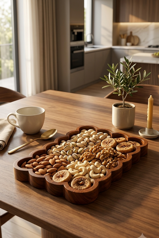 Premium Acacia Wood Scallop Tray – Handcrafted Wooden Serving Tray for Fruits, Dry Fruits & Snacks