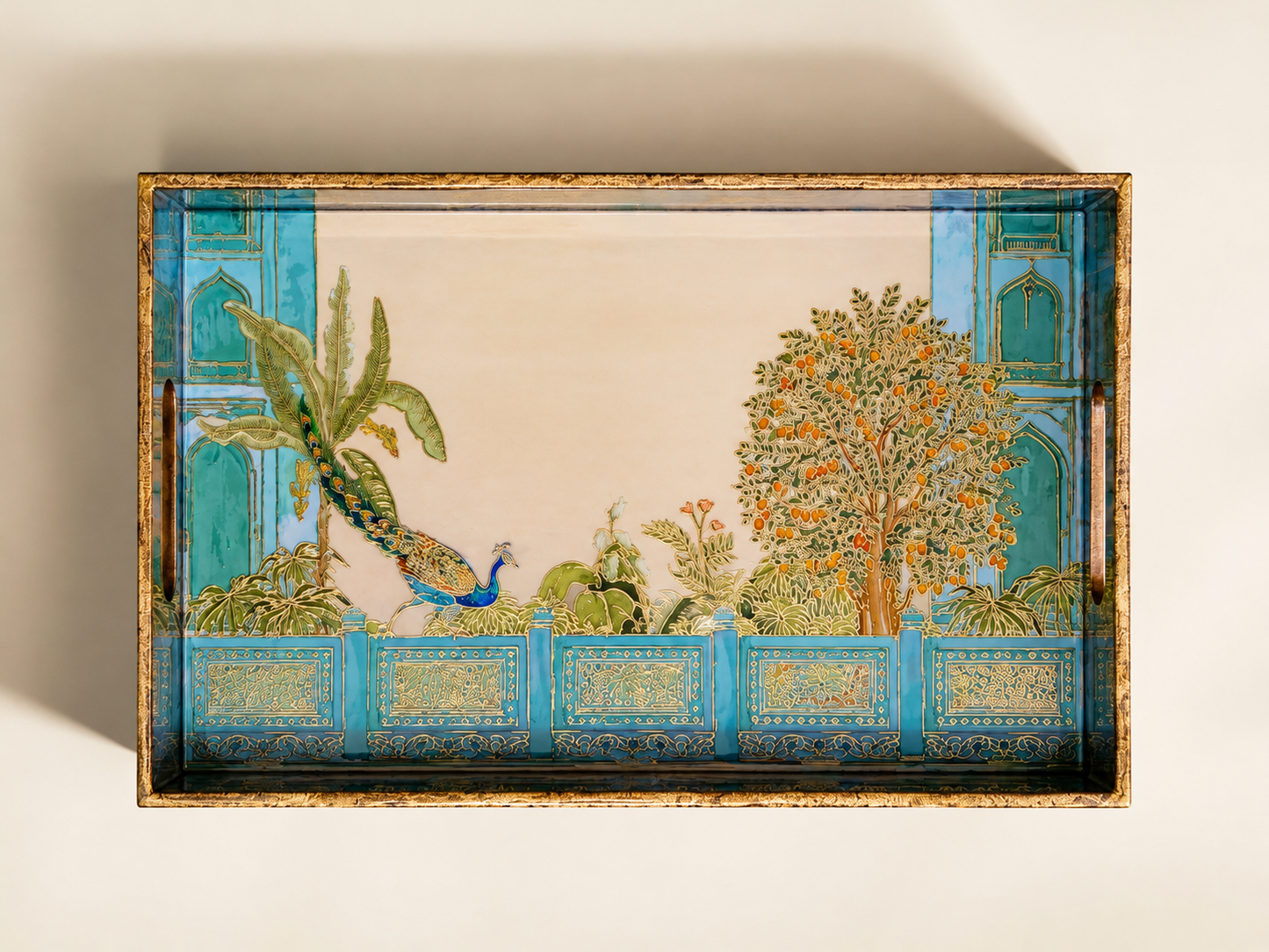 Handpainted Mina Art Wooden Serving Tray Set of 3  Peacock & Tree Design  Waterproof Nested Trays  Home Decor Gift