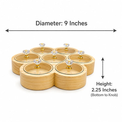 Handcrafted Wooden Dry Fruit Box 7 Compartment Flower Shape with Individual Acrylic Lids and Crystal Knobs